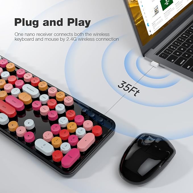 KNOWSQT Wireless Keyboard and Mouse Combo, Black Colorful 2.4G Typewriter Full-Size Cute Keyboards - USB Receiver Plug and Play, for Computer, PC, Laptop, Desktop, Windows