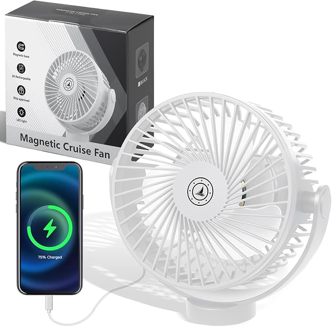 Magnetic Cruise Fan with 12000mAh Battery - Portable Cabin Air Circulator, 3-Speed LED Desk Fan with Timer, Power Bank & Ceiling/Wall Mount, Cruise Ship Approved for Travel (White)