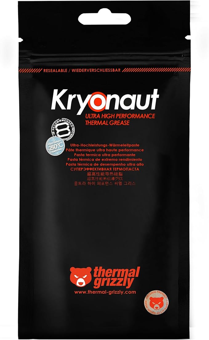 Thermal Grizzly Kryonaut - 1 Gram - Extremely High Performance Thermal Paste + 12 Cleaning Wipes 6 Wet & 6 Dry - for Demanding Applications and Overclocking CPU/GPU/PS4/PS5/Xbox