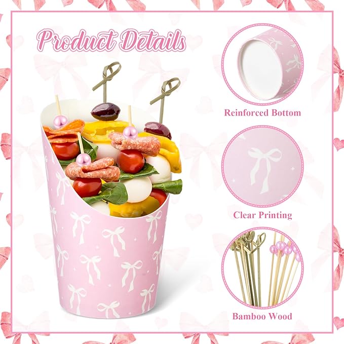 Tioncy 250 Pcs Charcuterie Cups with Cocktail Picks Sets, Bridal Shower Decoration 50 Charcuterie Cups with 200 Sticks for Wedding Baby Shower Floral Boho Witch Party Decorations (Pink,Bow)