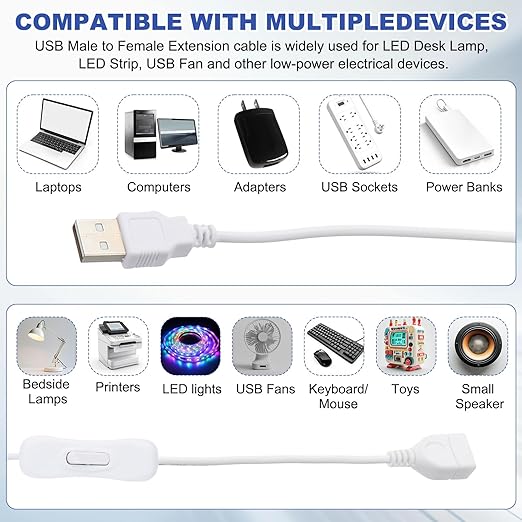 MECCANIXITY USB Cable with ON/Off Toggle Switch, USB Male to Female Extension Cord Inline Switch 2.0m White, for LED Desk Lamp LED Strip