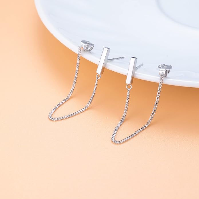 Reffeer Solid 925 Sterling Silver Stud Earrings Minimalist Bar Earrings with Chain Dangle Earrings For Women