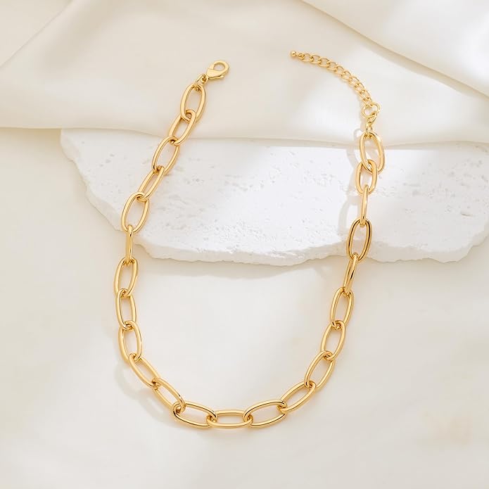Chunky Necklace for Women 18K Gold Plated Statement Adjustable Thick Link Chains Paperclip Chain Choker Trendy Fashion Jewelry Gifts