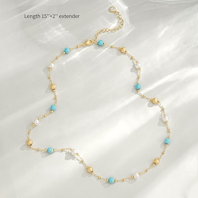 Created Turquoise Necklace for Women 14K Gold Plated Beaded Heart Choker Boho Necklaces Handmade Beach Summer Everyday Western Jewelry Gifts