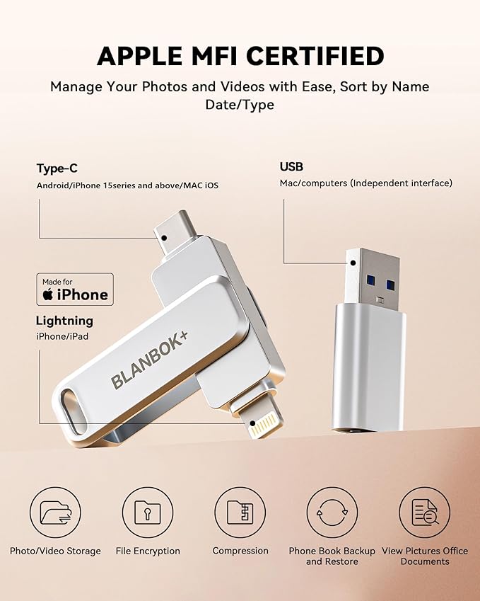 MFi Certified 128GB Flash Drive for iPhone Photo Stick, USB Thumb Drive Memory Stick High Speed USB Drive Photo Storage for iPhone Flash Drive Compatible for iPhone/iPad/Android/PC