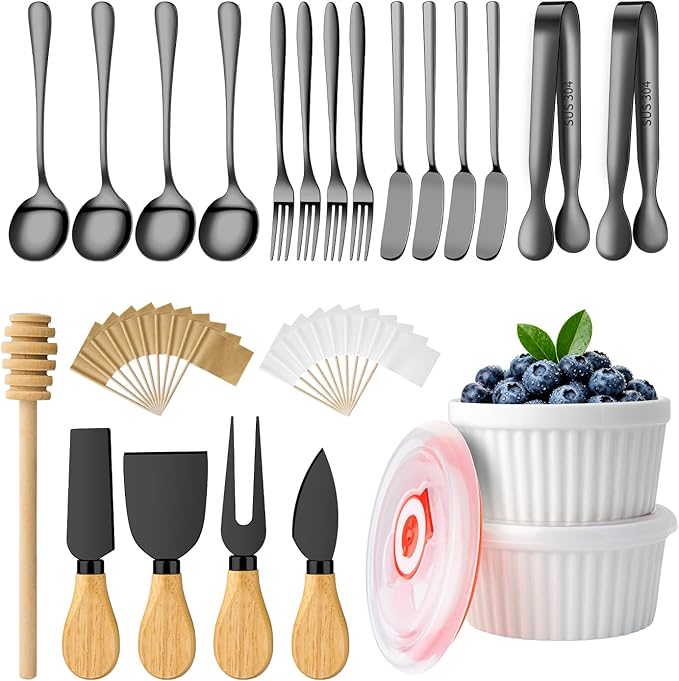 Charcuterie Boards Accessories Bowls with Lids, Cheese Butter Spreader Knife Set Mini Serving Tongs, Forks, Spoons,Dipping Bowls, Toothpick Flags, Honey Dippers For Party Platter Making (Black)
