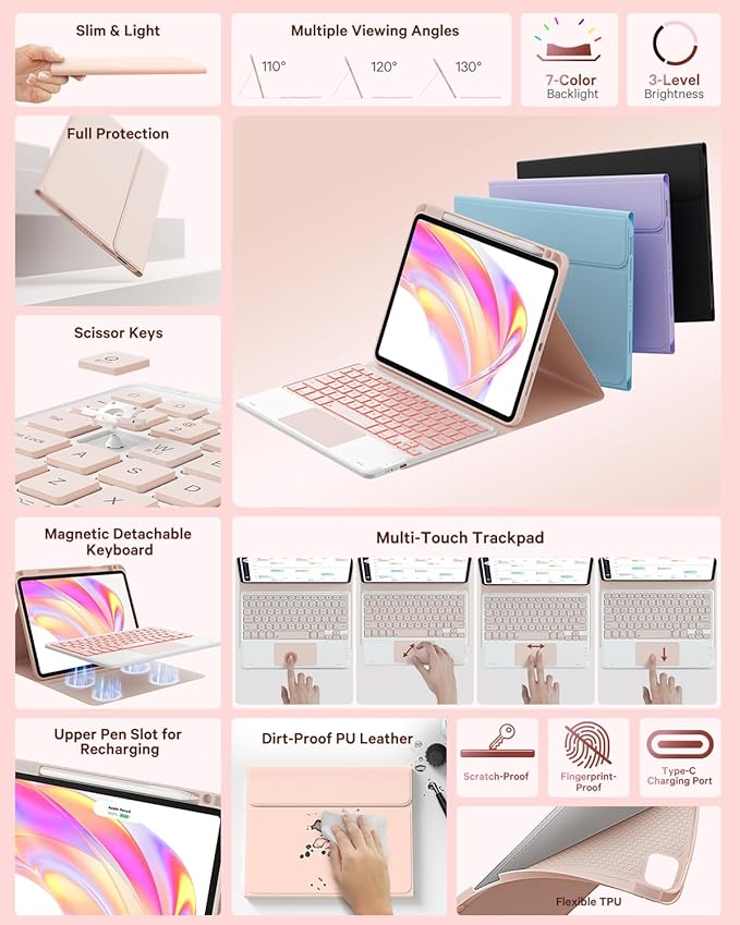 GreenLaw Keyboard Case for iPad Air 11-inch (M3/M2) 2025/2024 & Air 4th/5th Gen & iPad Pro 11 inch (1st/2nd/3rd/4th Gen), Smart Touchpad, 7-Color Backlit, Stain Resistant Cover, Blush Pink