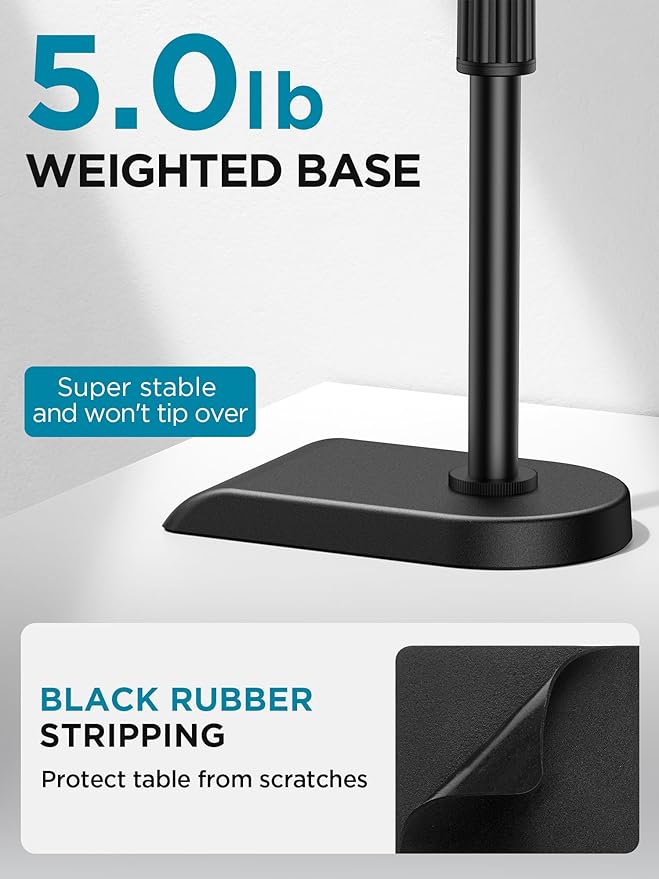 InnoGear Adjustable Desk Microphone Stand, Weighted Base with Soft Grip Twist Clutch, Boom Arm, 3/8/'' and 5/8/'' Threaded Mounts for Blue Yeti and Blue Snowball, Kick Drums, Guitar Amps, Black