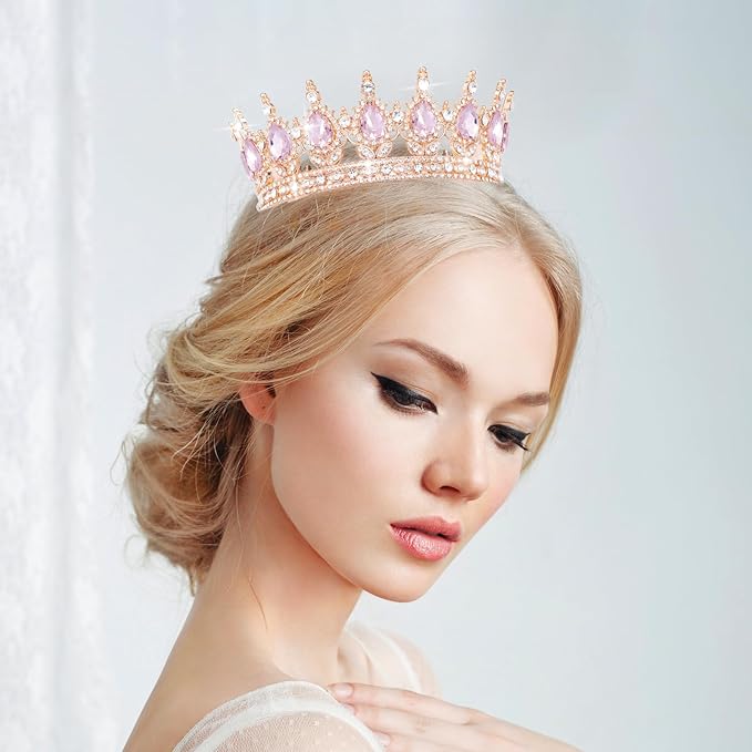Queen Crown Rhinestone Wedding Crowns and Tiaras for Women Costume Party Hair Accessories Princess Birthday Crown Crystal Bridal Crown (Rose Gold & Pink Crown)