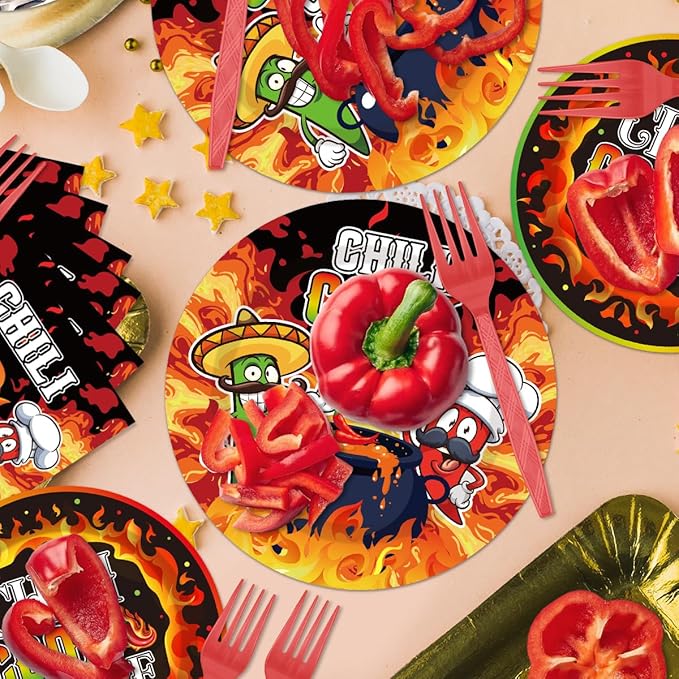 96Pcs Chili Cook Off Decorations Disposable Tableware Set - Chill Cook Off Paper Plates Napkins Forks Chili Contest Tasting Competition Party Supplies Serve 24 Guests