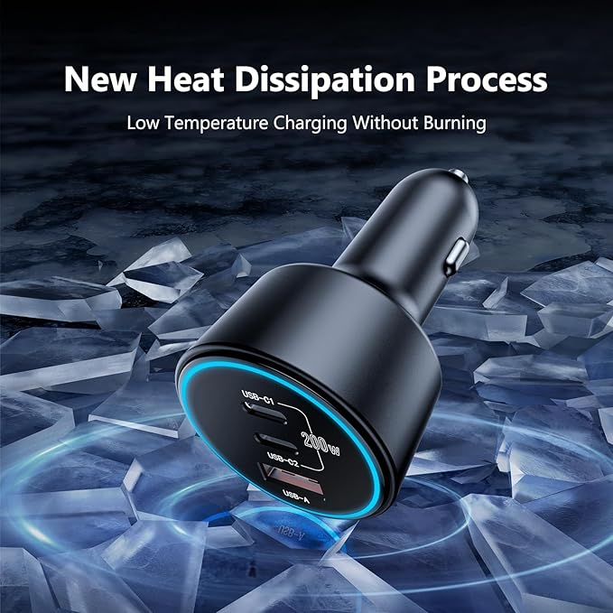 200W Super Fast Car Charger for iPhone 16/15 Pro Max, 3-Port USB C Car Charger Adapter with 2×100W USB C to C Cables, PD3.0/QC4.0, 12V-24V Vehicle Compatible, LED Light & Overheat Protection