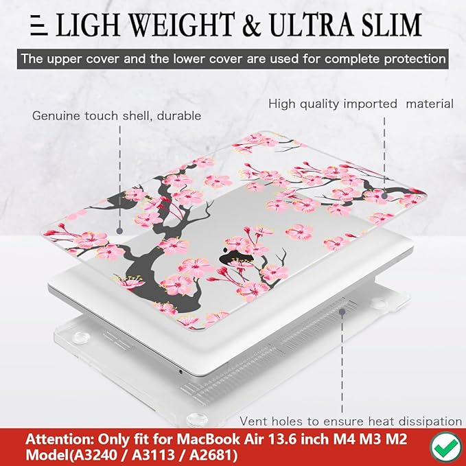 CISSOOK Compatible with MacBook Air 13.6 Inch Case A2681 A3113 A3240 2022-2025 Release, Hard Shell Case with Keyboard Cover for MacBook Air 13.6 M2 M3 M4 - Cherry Blossoms