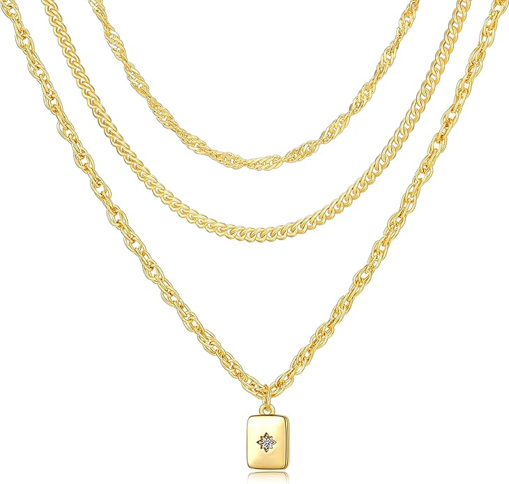 YEEZII Layered Gold Necklaces for Women Trendy, 3 Pcs 14K Gold Plated Choker Paperclip Box Chain Necklace, Stackable Women's Gold Pendant Necklaces Jewelry Set