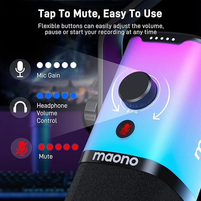 MAONO Dynamic Gaming Microphone: USB/XLR Streaming Mic for PC Podcast Recording, Custom Software, RGB, Mute Button, Gain Knob, 48kHz/24bit Studio Desktop Mic for YouTube Video Creation -PD100X RGB