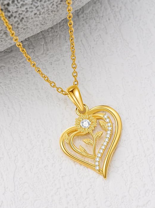 14K Solid Gold Rose Flower/Sunflower Necklaces for Women Flower Heart Pendant Necklace Love Sunshine Jewelry Anniversary Valentine's Day Birthday GiftS for Women Wife Girlfriend Her Mom