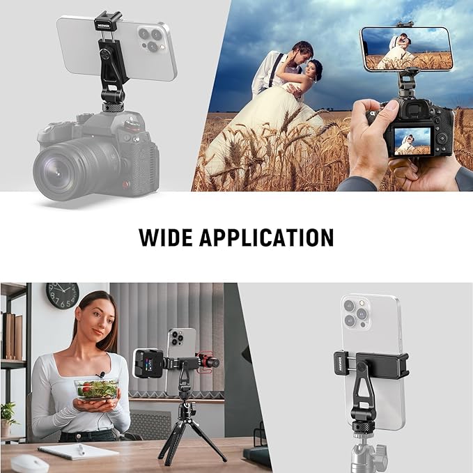 NEEWER Adjustable Phone Tripod Mount with Cold Shoe 1/4" Thread 180° Tilt 360° Rotation Cleaning Cloth Phone Clamp Holder Compatible with iPhone Samsung Android Camera Cage for Video Recording, GA010