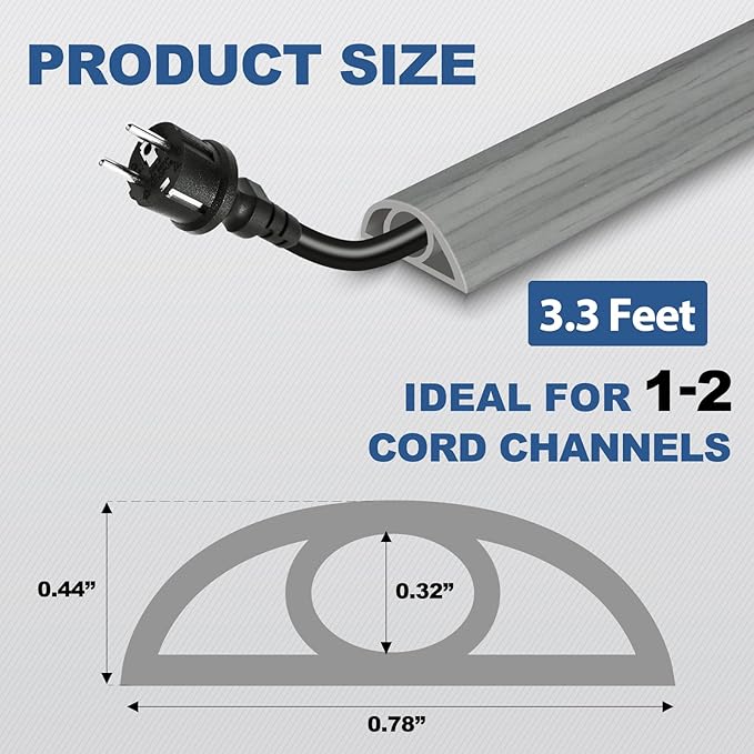 Floor Cord Cover for Wires on Floor Self Adhesive Cord Hider Floor Cable Management Wire Covers for Cords Protector Prevent Cable Trips Cord Cavity W 0.32" x H 0.32", Gray Wood, 3.3Ft