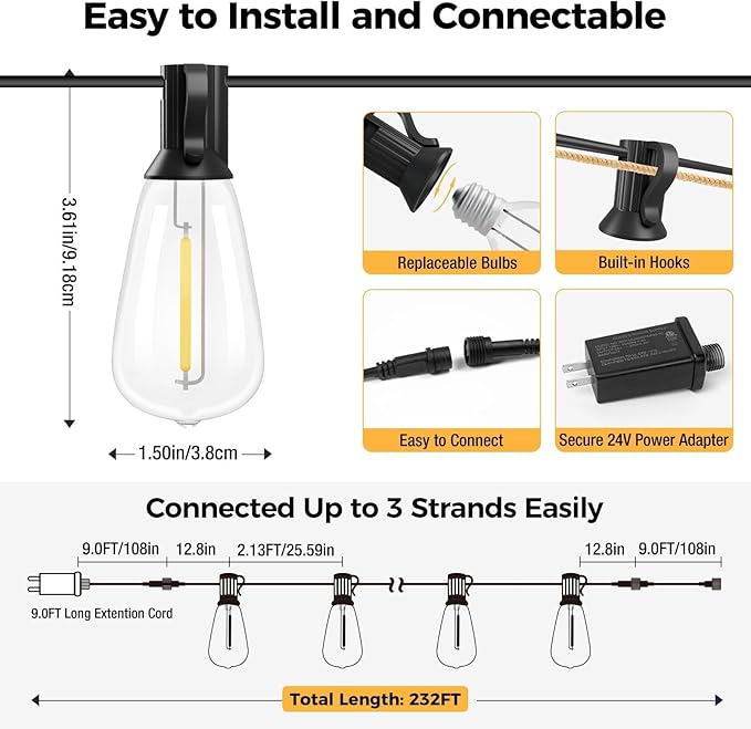 litogo LED Outdoor String Lights with Remote, 232ft (116x2) Waterproof Patio Lights with Shatterproof ST38 Edison Bulbs, Dimmable Outside Hanging Light for Porch, Garden, Party, Bistro, Gazebos