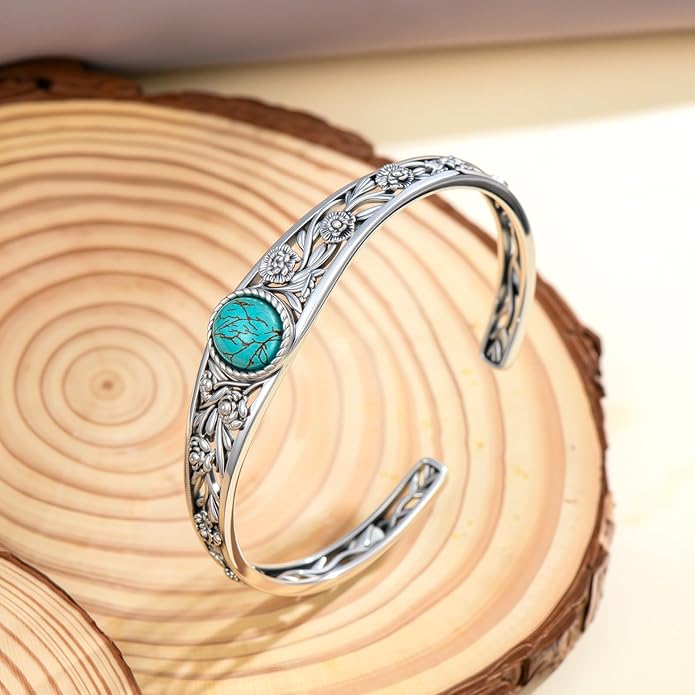 Genuine Turquoise Cuff Bracelet for Women, Sterling Silver Western Vintage Floral Bangle Native American Jewelry, For 6.5-7.5 Inch Wrists