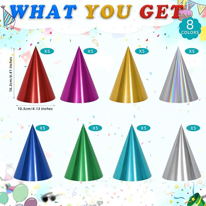40/80 Pcs Metallic Cone Birthday Party Hats Bulk with Elastic String, 8 Colorful Celebration Headwear for Kids Adults