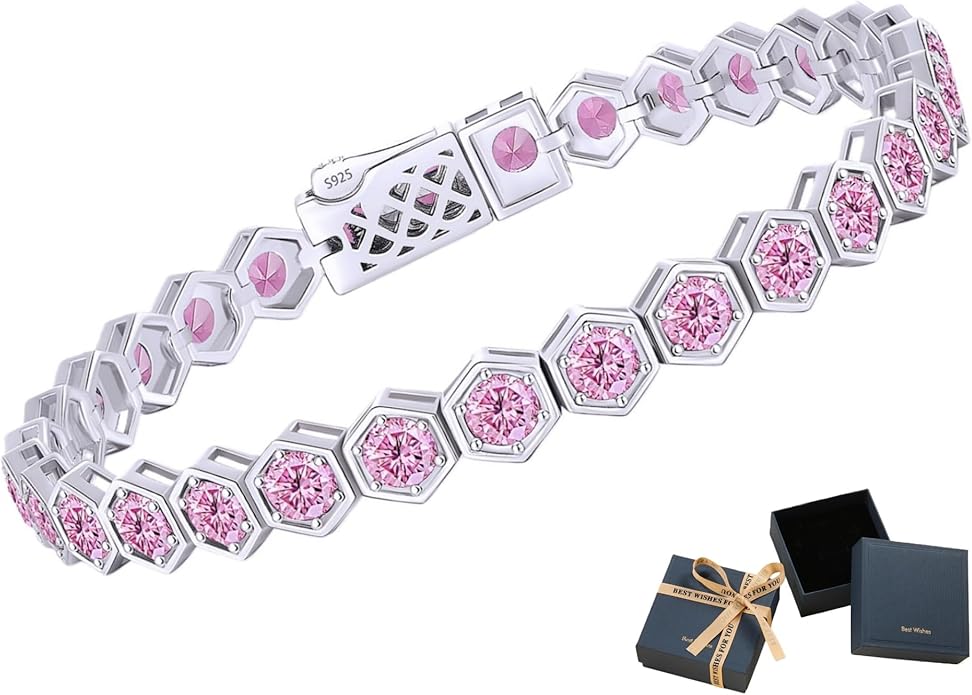 Birthstone Tennis Bracelets for Women Birthday Gifts 925 Sterling Silver Hexagon White Gold Bracelets Round Cut 5A Cubic Zirconia Prong Setting 7 Inch Anniversary Jewelry Gift