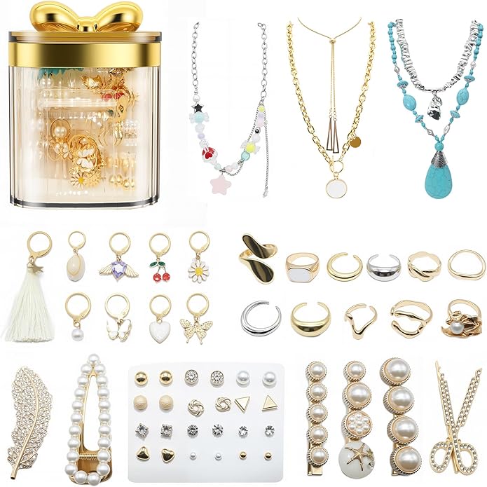 65-Piece Dainty Gold Mystery Jewelry Jar for Women, Multi-Style Gift Set with Earrings, Rings, Bracelets, Necklaces & Hair Clips – Unique Birthday Gift for Women Who Have Everything