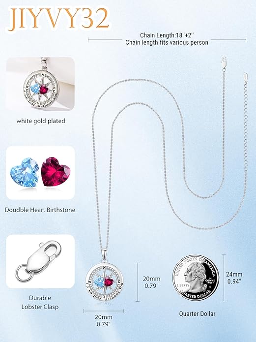 Compass Necklace for Women, Exquisite S925 Valentines Day Anniversary Birthday Gifts for Wife Her Double Birthstone Pendant Jewelry ‘I'd be Lost Without You’