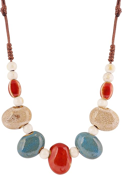 MINACHI Bohemian Hippie Colorful Ceramic Geometric Bead Strand Necklace, Vintage Boho Statement Jewelry Gift for Women
