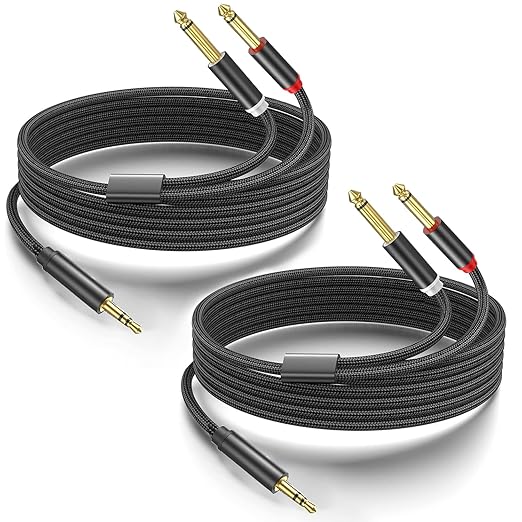 2Pack 10Ft 3.5mm 1/8" TRS to Dual 6.35mm 1/4" TS Mono Stereo Y-Cable Splitter Cord for Smartphone, Computer, CD Player, Speakers and Home Systems Amplifier