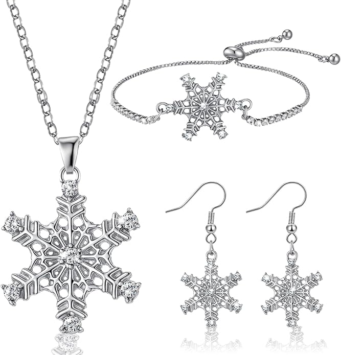 Bucherry 3 Pcs Heart Jewelry Set Bow Snowflake Jewelry Heart Pendant Chain Toggle Necklace with Bracelet Earrings Snowflake Stainless Steel Link Chain for Women Gift
