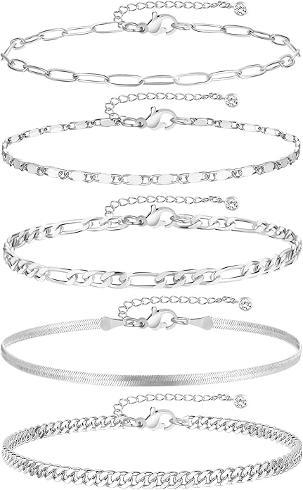 iF YOU Gold Ankle Bracelets for Women, 14k Gold Plated Waterproof Cuban Link Chain Anklets Set, Layered Anklet Bracelets for Women Beach Gift Adjustable Size 5pc