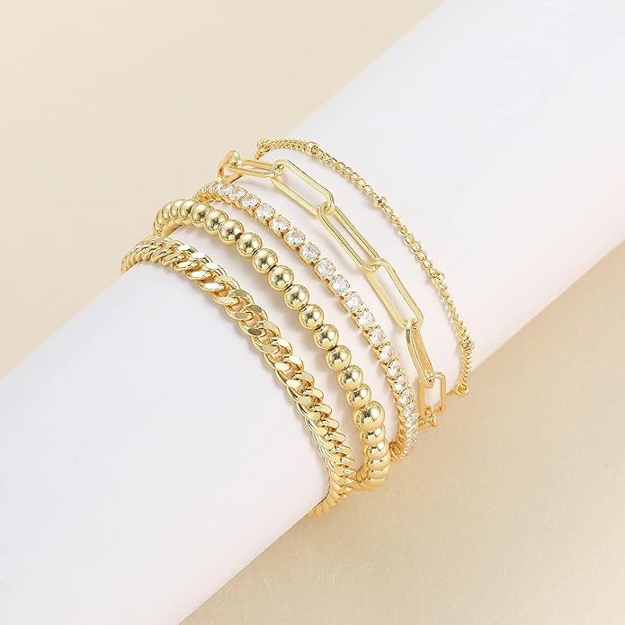 DEARMAY 14K Gold Plated Bracelets for Women, Jewelry Sets Cute Tennis Beaded Bracelets Cuban Link Paperclip Chain Dainty Bracelet Pack Gifts
