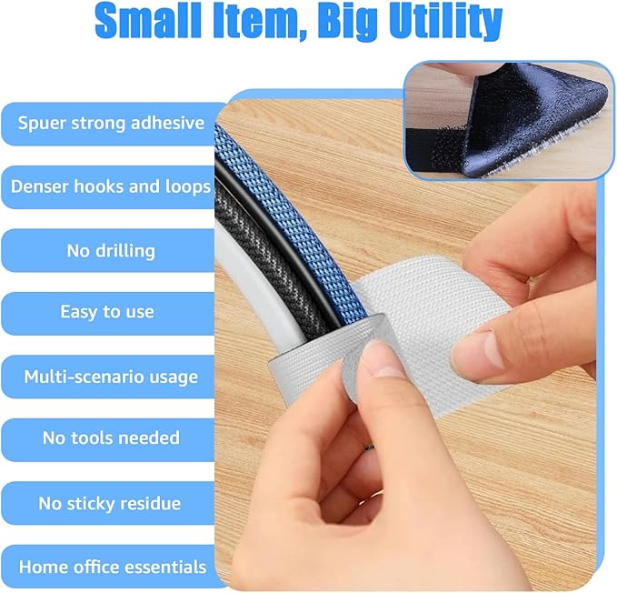 80PCS Hook and Loop Cable Ties, Hook and Loop Cable Straps, Under Desk Cable Management, Adhesive Cable Clips, Sticky-Back Cord Organizer for Desk, Household & Office Organization (Gray)