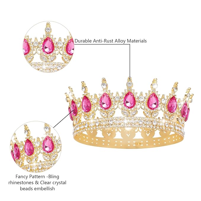 Queen Crown Rhinestone Wedding Crowns and Tiaras for Women Costume Party Hair Accessories Princess Birthday Crown Crystal Bridal Crown (Gold & Rose Crown)