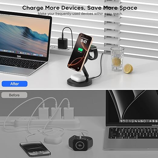 Charging Station, 3 in 1 Foldable Wireless Charger iPhone Charging Station Charger Stand Multiple Devices for Apple, with PD Adapter and USB C Cable for iPhone 17/16/15/14/13,iWatch,AirPods All Series