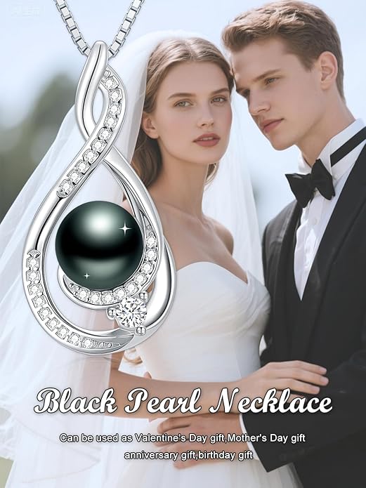 Tahitian Black Pearl 18K White Gold Plated Sterling Silver Heart/Infinity/Four Leaf Clover Pendant Necklace Jewelry Gifts for Women Wife Mom Girlfriend Wedding Birthday Anniversary Christmas