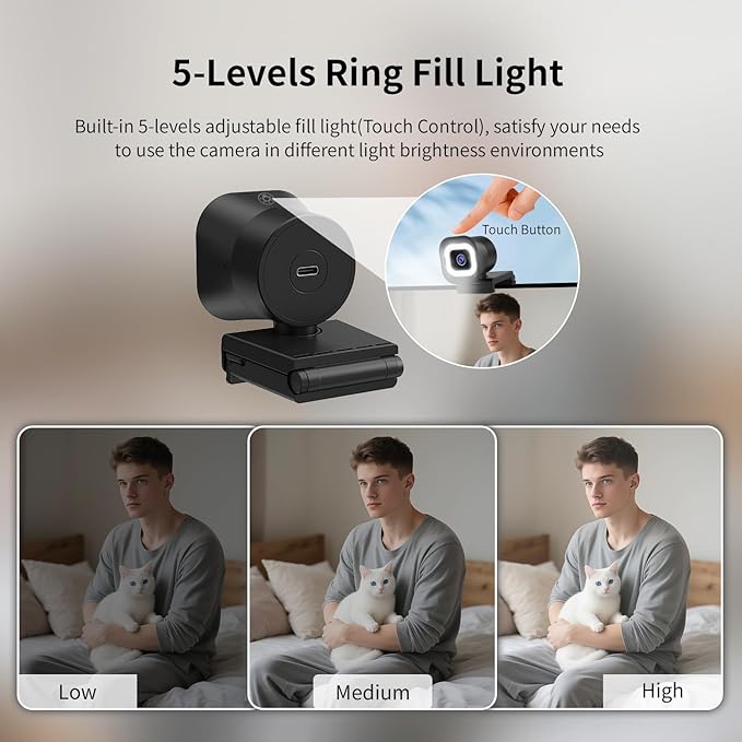 TOALLIN 4K Webcam with Ring Light, Remote Control, PDAF Auto-Focus, 1/2.5" Sensor & 12MP, Built-in Dual Mics, 5X Digital Zoom and Image Mirroring, Web Camera for Live-Streaming/Meeting/Video Calls