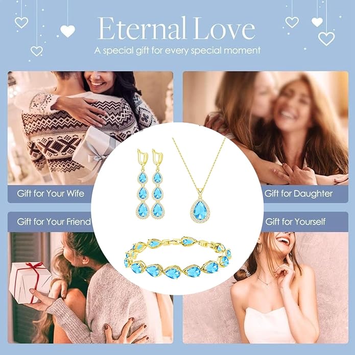 LMXXVJ Necklace Long Earrings Bracelet Set, White Gold Plated Created Blue Sapphire Jewelry Set Wedding Party Gift Jewelry for Women Bridal Bridesmaid