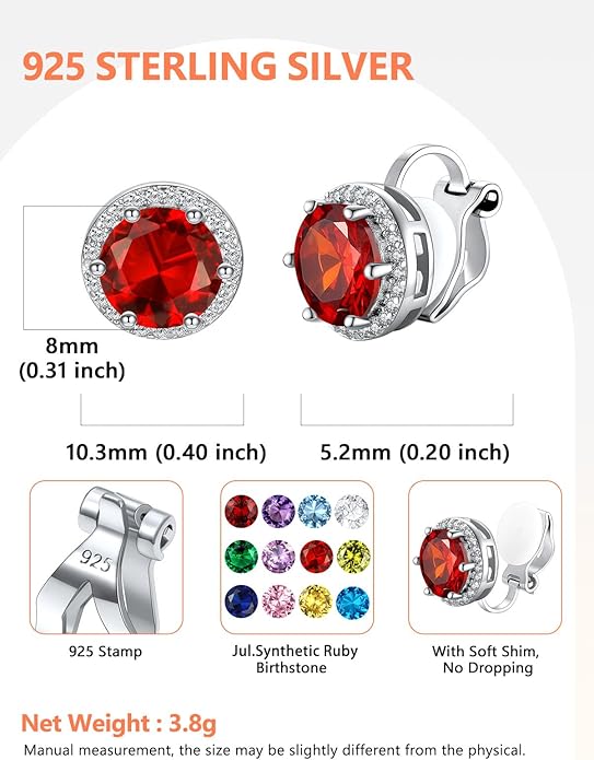 Silvora 925 Silver 8MM Cubic Zirconia Birthstone Clip On Stud Earrings Round Non Pierced Earrings For Women,Come with Box