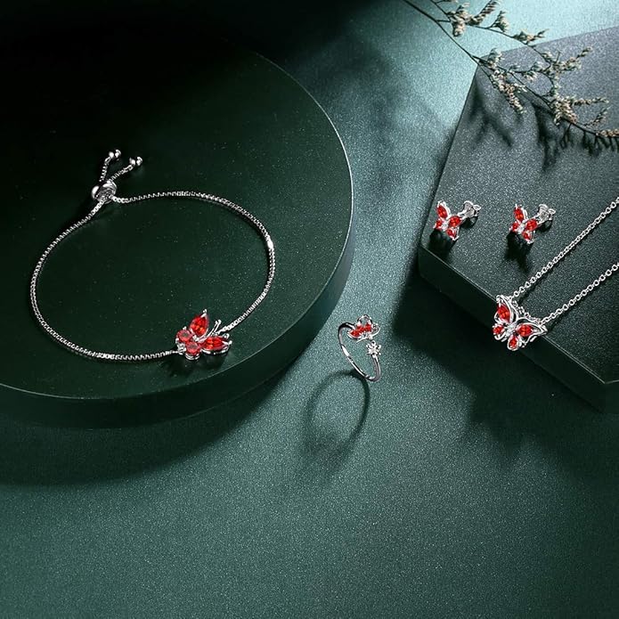 925 Sterling Silver Birthstone Butterfly Jewelry Women Crystal Animal Cute Butterflies Birthday Necklace/Earring/Ring/Bracelet Sets Birth Stone Statement Anniversary Jewellery