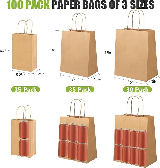 XPCARE 100PCS Brown Paper Bags with Handles, Three Different Sizes of Bulk Brown Gift Bags 5.25x3.25x8.25 & 8x4.5x10 & 10x5x13 Inch Grocery Retail Kraft Paper Bags for Party Birthday Shopping Takeaway