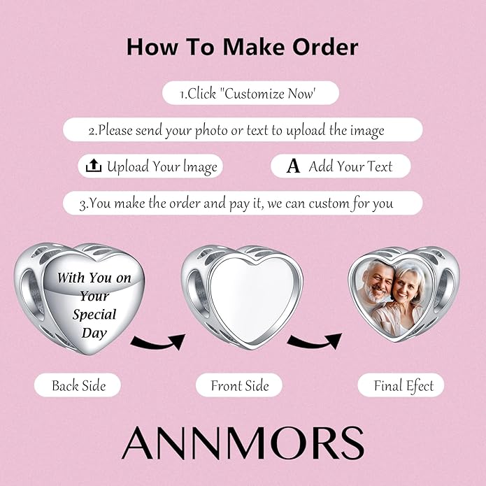 Annmors Personalized Photo Charms For Bracelets/Necklace 925 Sterling Silver Love Heart Shaped Engraved Customize Picture Gift for Birthday Mother's Day,Bead Charms Jewelry for Women