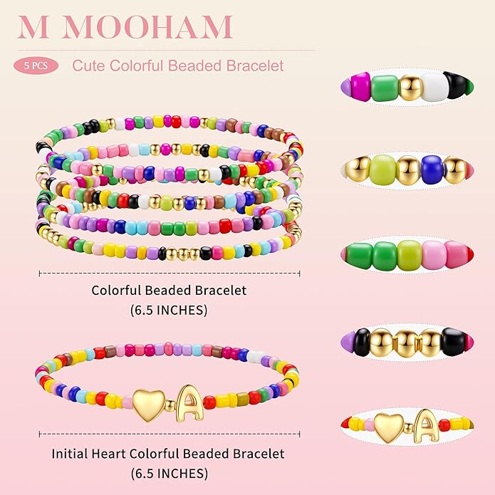 M MOOHAM Valentines Gifts for Kids - 5PCS Colorful Beaded Initial Bracelets for Girls Women Cute Stretch Heart Letter Bracelet Initial Stackable Bracelet Birthday Gift Jewelry for Kids Teen Girl