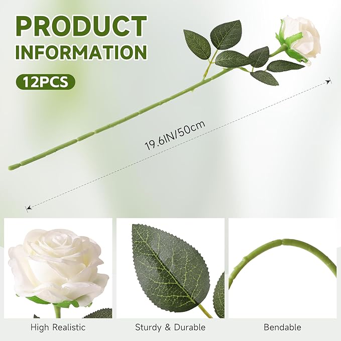 Tifuly 50pcs Roses Artificial Flowers Bulk,Realistic Long Stem Fake Silk Roses for Wedding Centerpiece Table Vases Party Home Kitchen DIY Bouquets Decor（Off White）