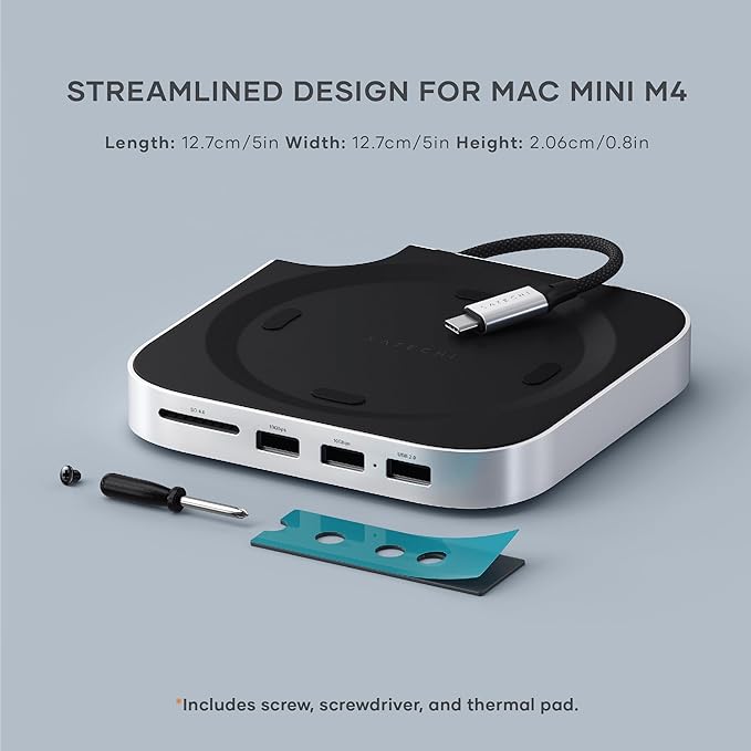 Satechi Mac mini M4 Hub & Stand with NVMe SSD Enclosure, Mac mini M4 Dock with 2xUSB A Up to 10Gbps, USB A Data Port, SD Card Reader for Mac mini M4, Mac mini M4 Pro - Silver