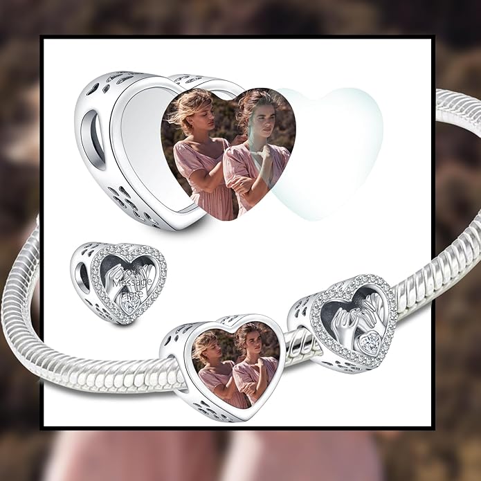 Annmors Personalized Photo Charm for Bracelet Necklaces,925 Sterling Silver Charm Love Heart Shaped Engraved Customize Picture Gift for Birthday Mother's Day Christmas,Bead Charms Jewelry for Women