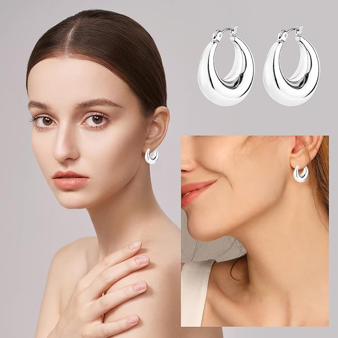 Wgoud Chunky Hoop Earrings Set 14K Gold Plated Hoop Earrings for Women Hypoallergenic, Thick Twisted Huggie Hoops Earring Set