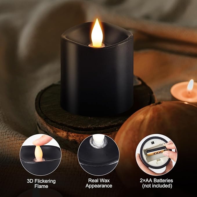 3x3 Flickering Flameless Candles, Real Wax LED Candles with Timer, Flameless Candles with Remote,Battery Operated Candles, for Holiday Home Decor, Black