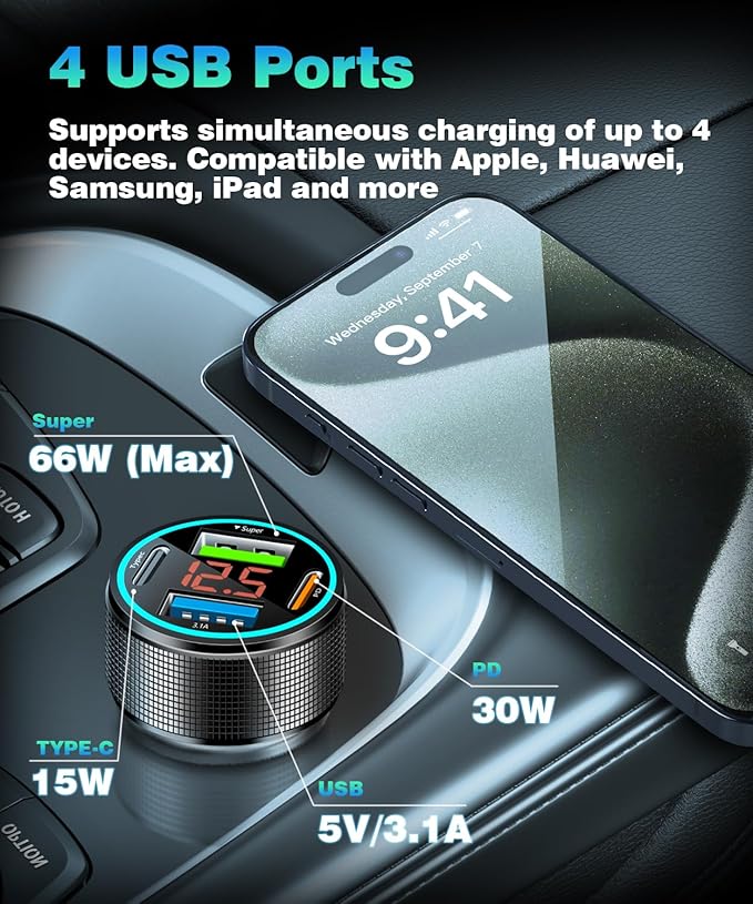 66W USB C Car Charger 4 Port Car Charger Adapter with 30W PD, 3.1A Aluminium Alloy Car Cigarette Lighter USB Charger with LED Voltmeter Compatible with Phone 15 14 13