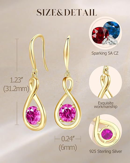 FANCIME Valentines Day Gift Dangle Drop Earrings 925 Sterling Silver Dainty Infinity Round Gemstone Birthstone Jewelry Birthday Gifts for Her Women